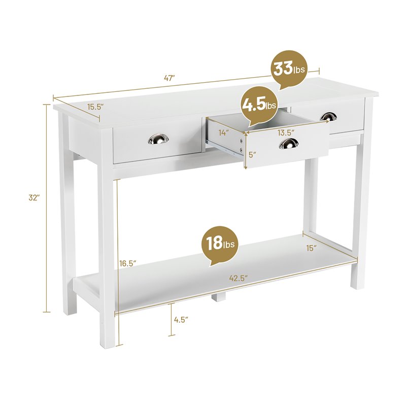 Costway Entryway Sofa Side Console Table with 3 Drawers Bottom Shelf in White