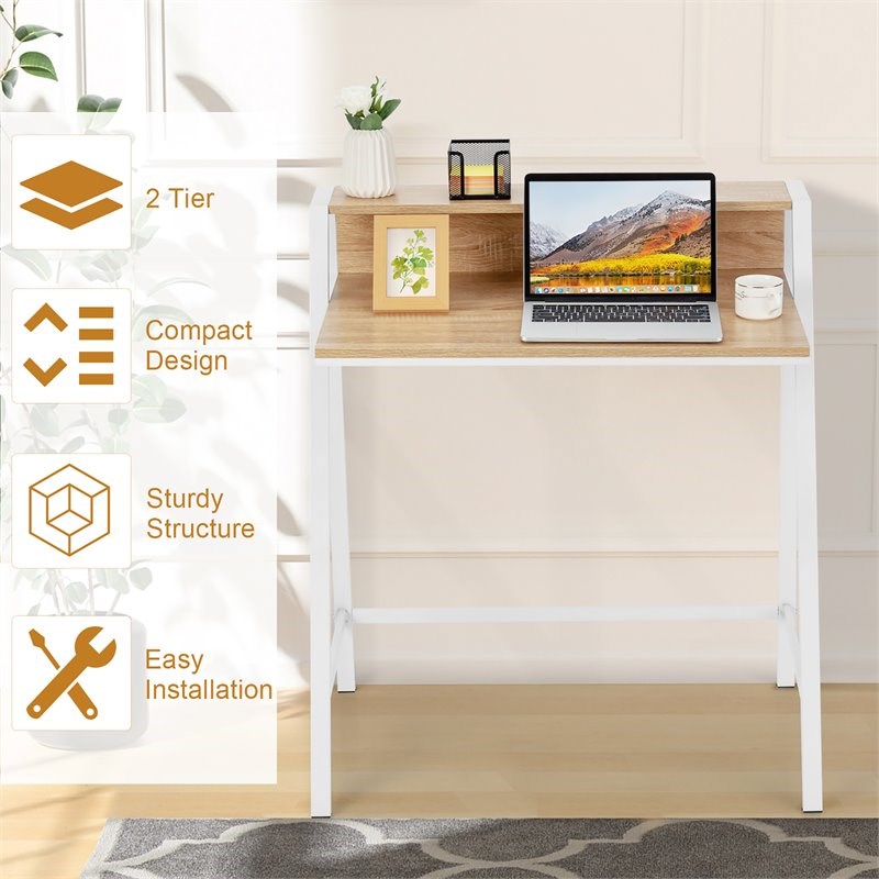 Costway 2-tier Contemporary Engineered Wood Computer Desk in Natural