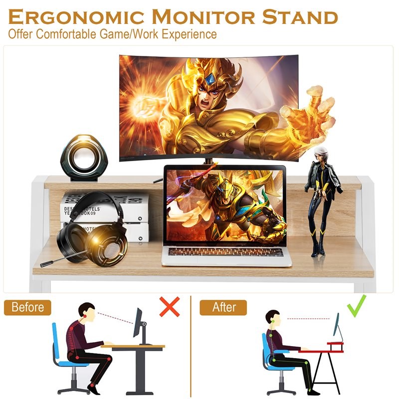 Costway 2-tier Contemporary Engineered Wood Computer Desk in Natural