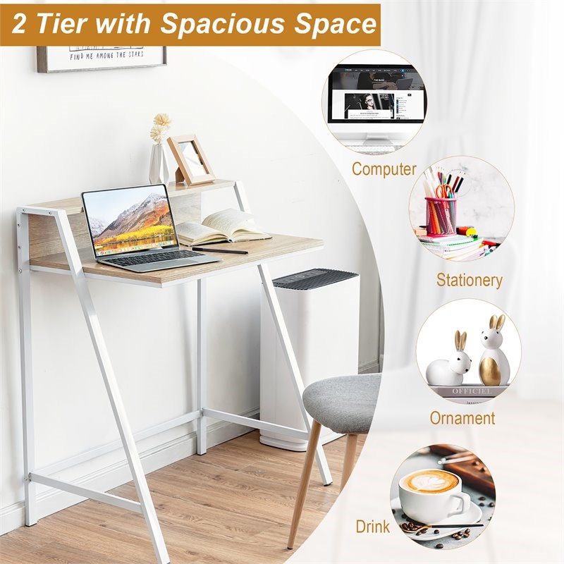 Costway 2-tier Contemporary Engineered Wood Computer Desk in Natural