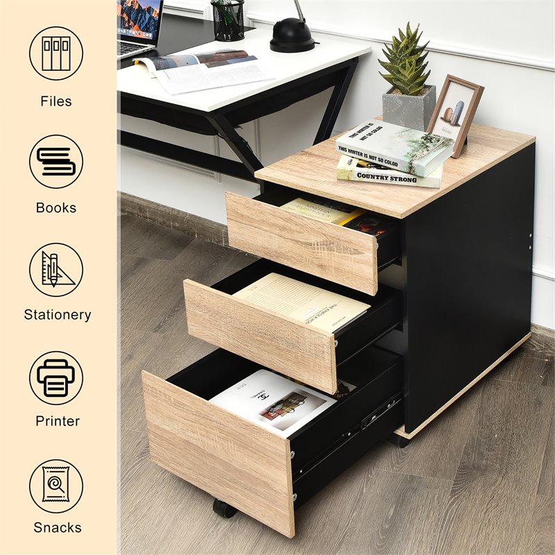 Costway 3-drawer P2 Engineered Wood Vertical Mobile Filling Cabinet in Natural
