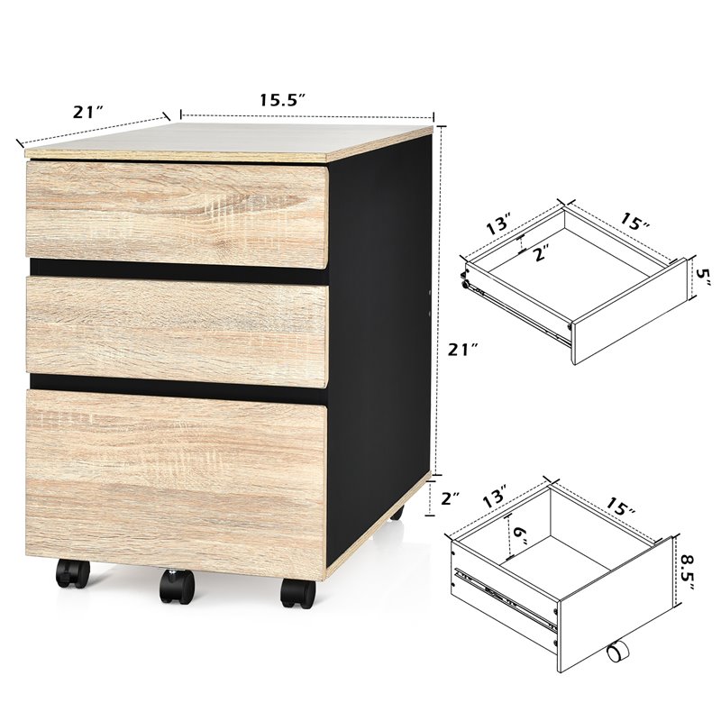 Costway 3-drawer P2 Engineered Wood Vertical Mobile Filling Cabinet in Natural