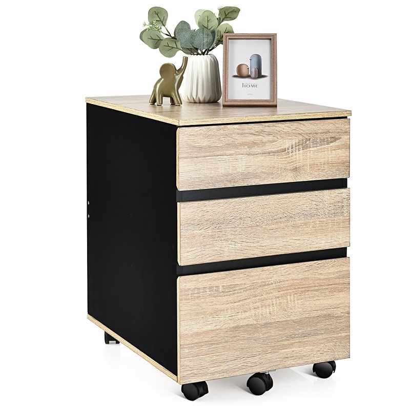 Costway 3-drawer P2 Engineered Wood Vertical Mobile Filling Cabinet in Natural