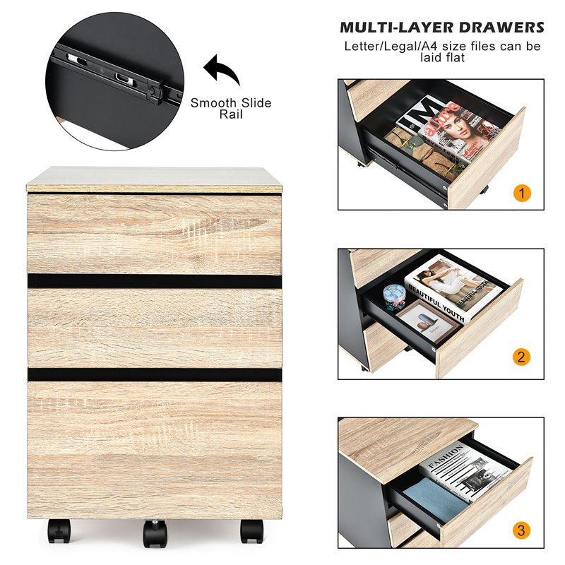 Costway 3-drawer P2 Engineered Wood Vertical Mobile Filling Cabinet in Natural