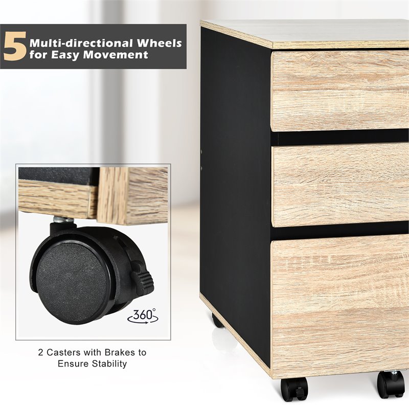 Costway 3-drawer P2 Engineered Wood Vertical Mobile Filling Cabinet in Natural