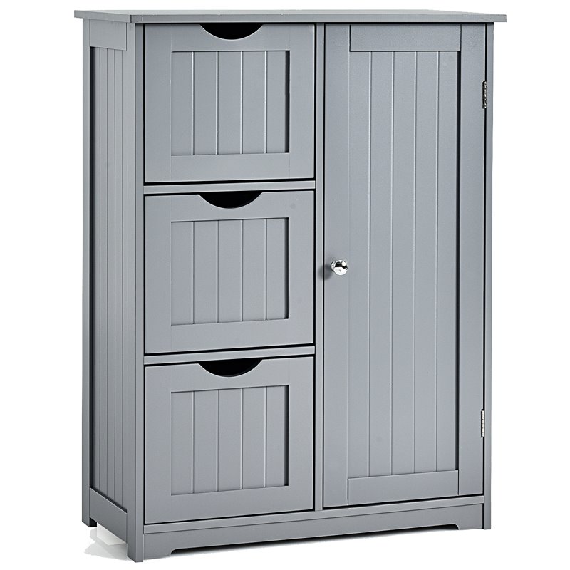 Costway Bathroom Floor Side Storage Cabinet with 3 Drawers & 1 Cupboard in Gray