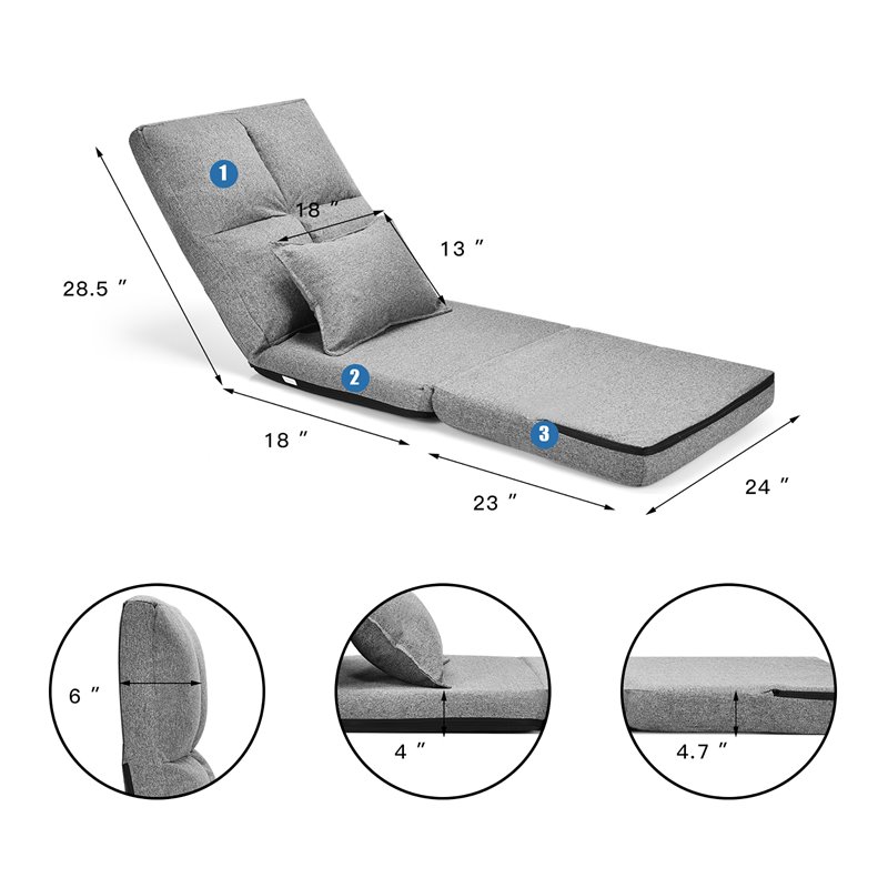 Costway Sponge and Fabric Adjustable 6-positon Floor Folding Lounger in Gray