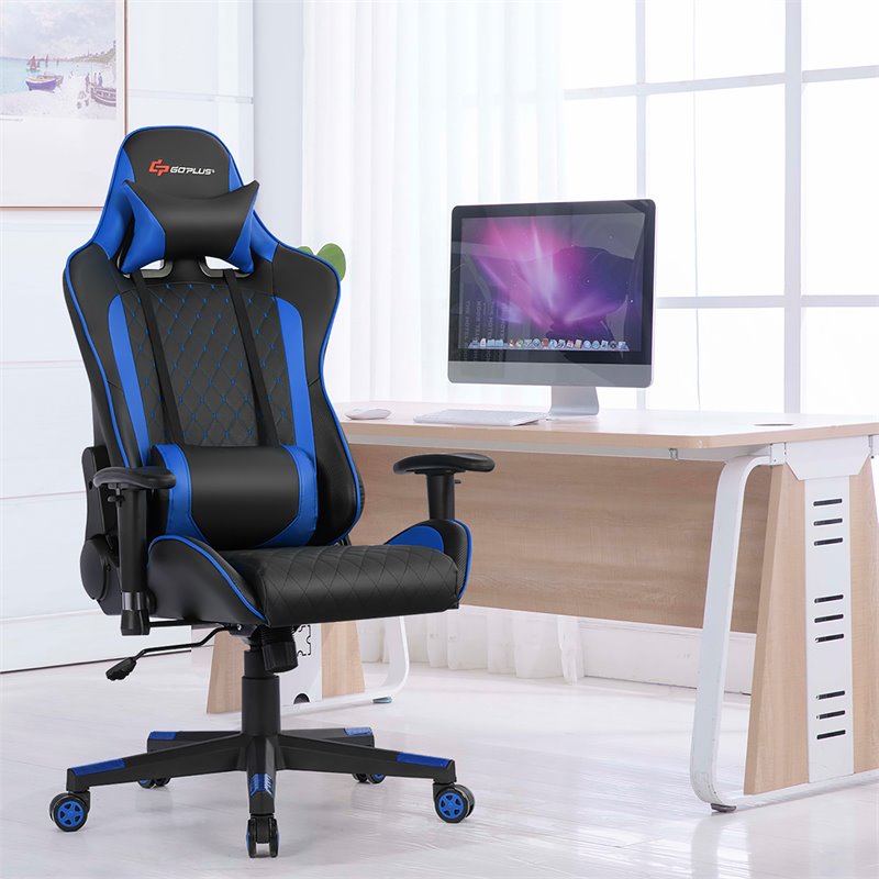 Costway Faux Leather Massage Gaming Chair with Lumbar Support & Headrest in Blue