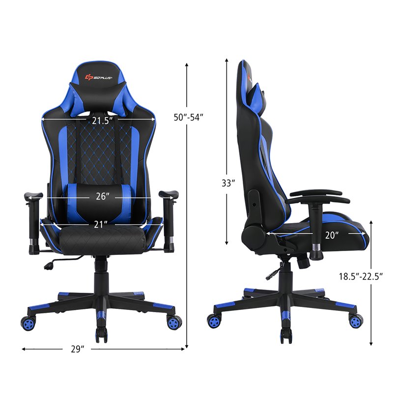 Costway Faux Leather Massage Gaming Chair with Lumbar Support & Headrest in Blue