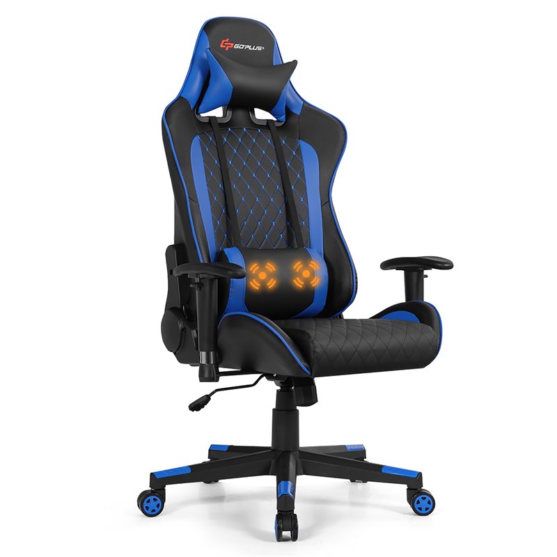 Costway Faux Leather Massage Gaming Chair with Lumbar Support & Headrest in Blue