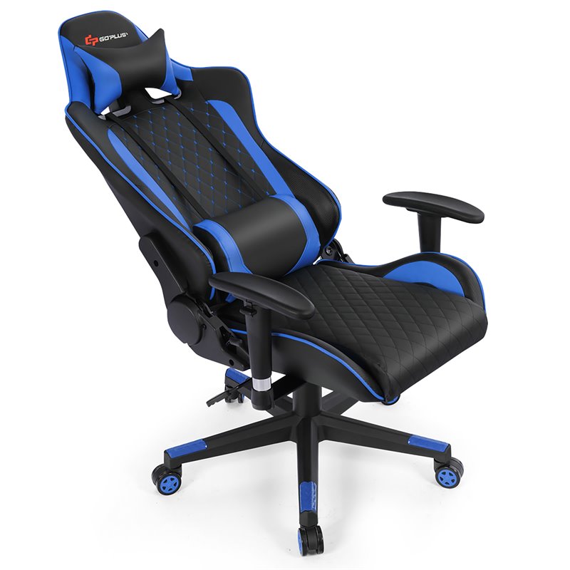 Costway Faux Leather Massage Gaming Chair with Lumbar Support & Headrest in Blue
