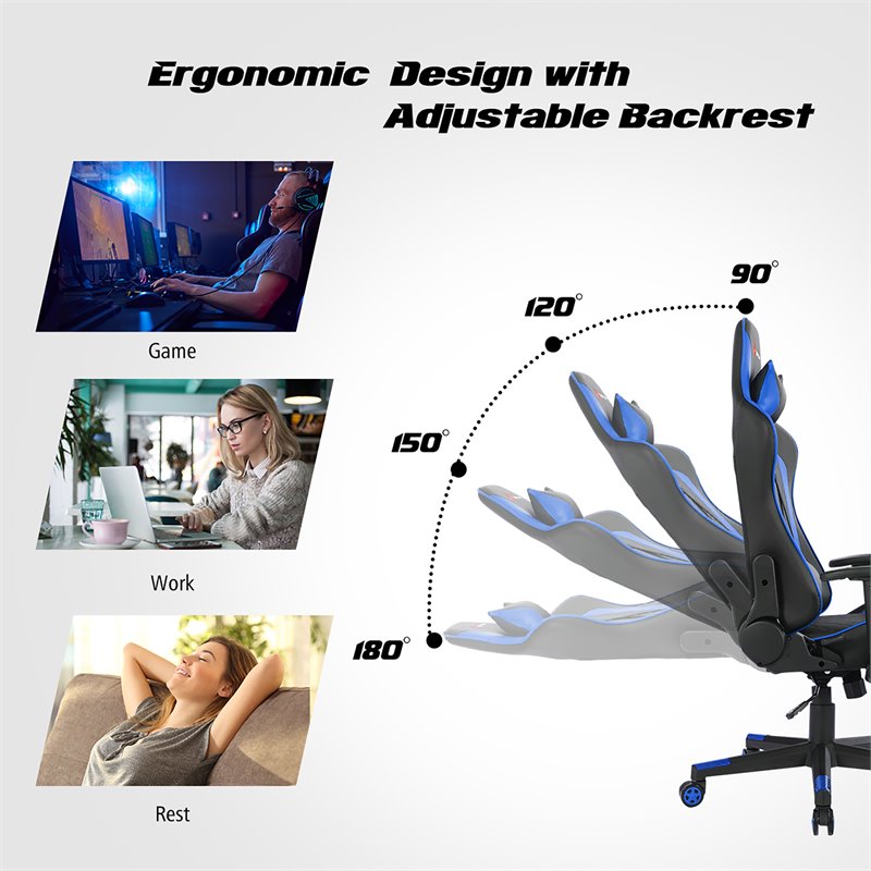 Costway Faux Leather Massage Gaming Chair with Lumbar Support & Headrest in Blue