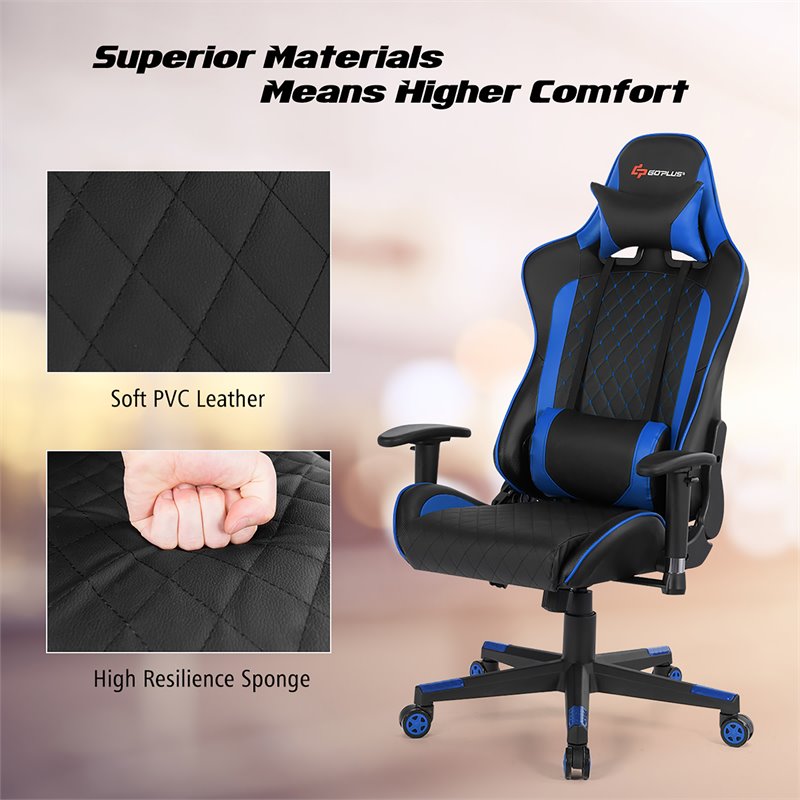 Costway Faux Leather Massage Gaming Chair with Lumbar Support & Headrest in Blue