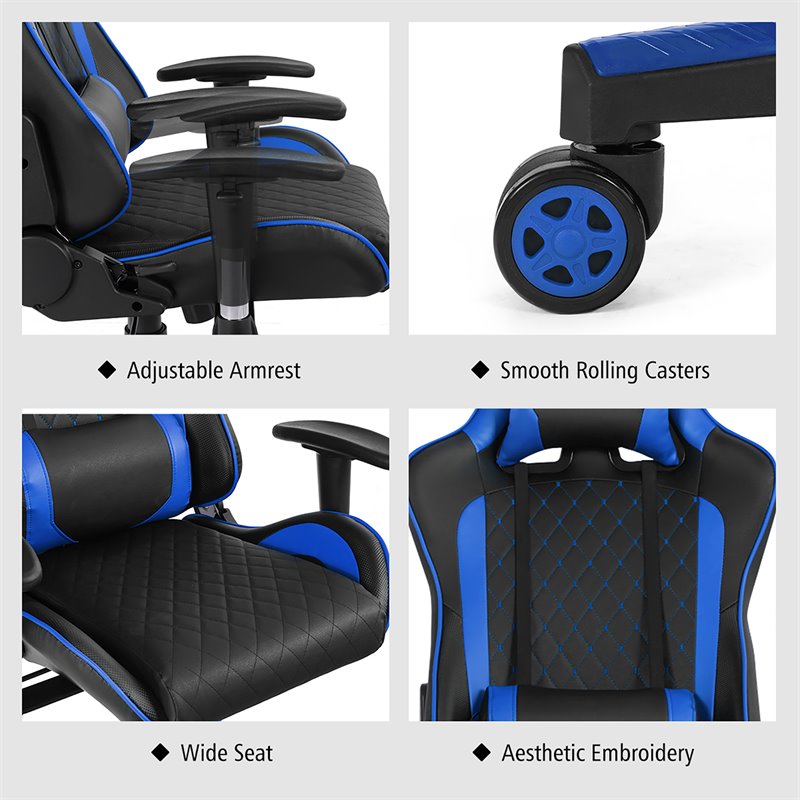 Costway Faux Leather Massage Gaming Chair with Lumbar Support & Headrest in Blue