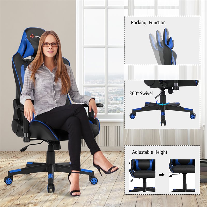 Costway Faux Leather Massage Gaming Chair with Lumbar Support & Headrest in Blue