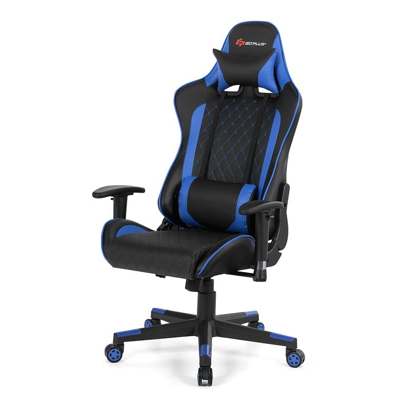 Costway Faux Leather Massage Gaming Chair with Lumbar Support & Headrest in Blue