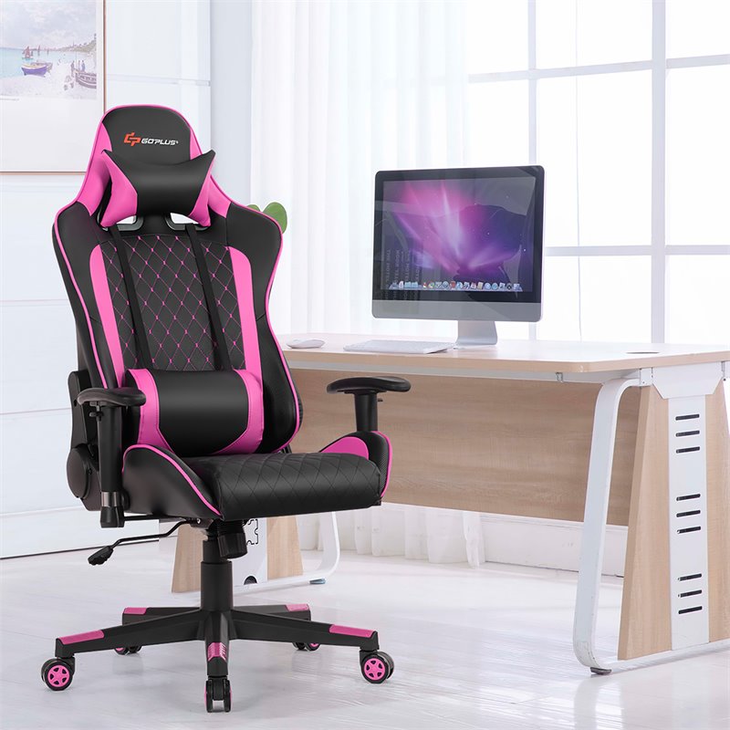 Costway Faux Leather Massage Gaming Chair with Lumbar Support & Headrest in Pink