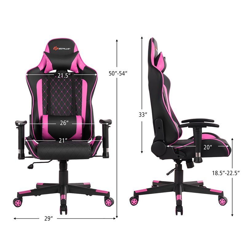 Costway Faux Leather Massage Gaming Chair with Lumbar Support & Headrest in Pink