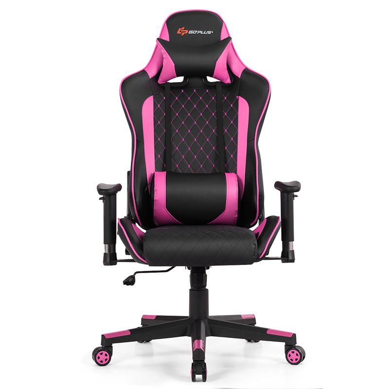 Costway Faux Leather Massage Gaming Chair with Lumbar Support & Headrest in Pink