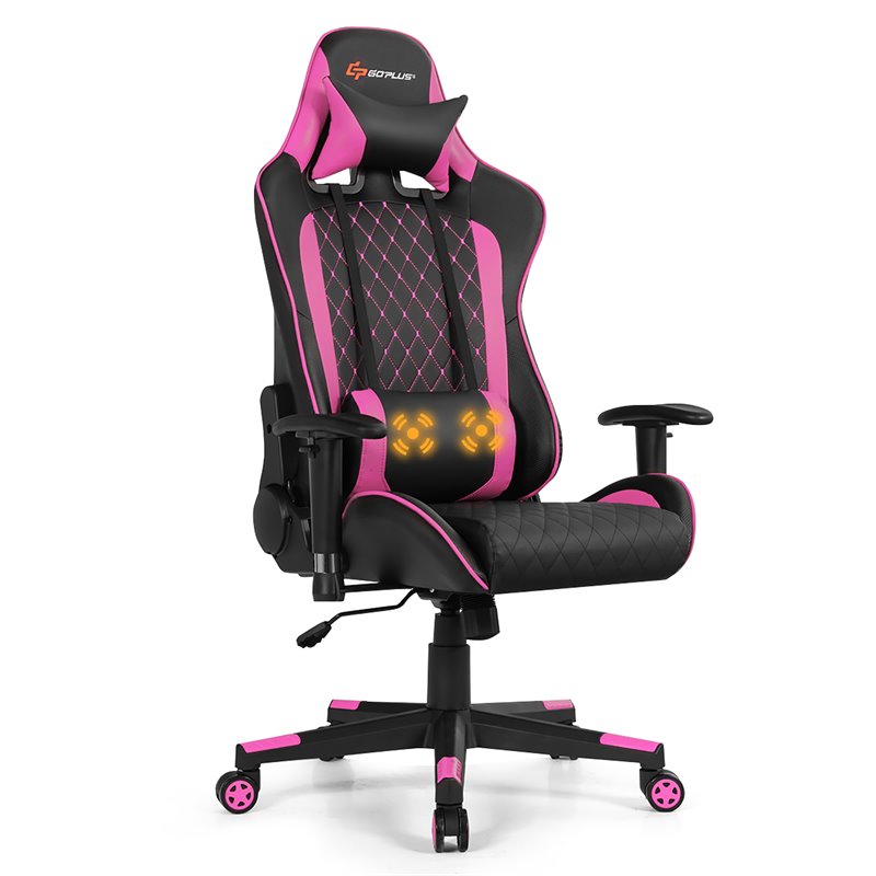 Costway Faux Leather Massage Gaming Chair with Lumbar Support & Headrest in Pink