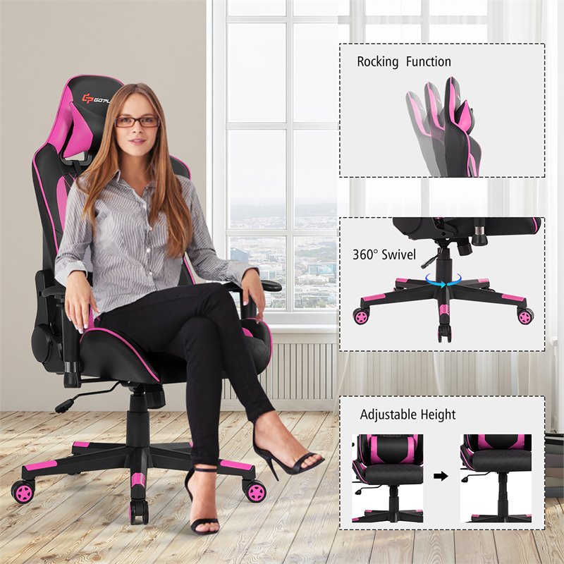 Costway Faux Leather Massage Gaming Chair with Lumbar Support & Headrest in Pink