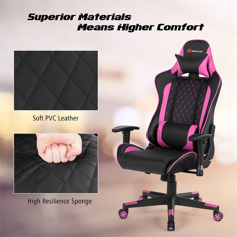 Costway Faux Leather Massage Gaming Chair with Lumbar Support & Headrest in Pink
