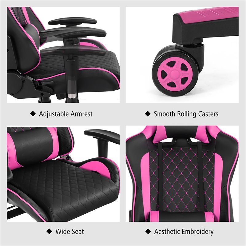 Costway Faux Leather Massage Gaming Chair with Lumbar Support & Headrest in Pink
