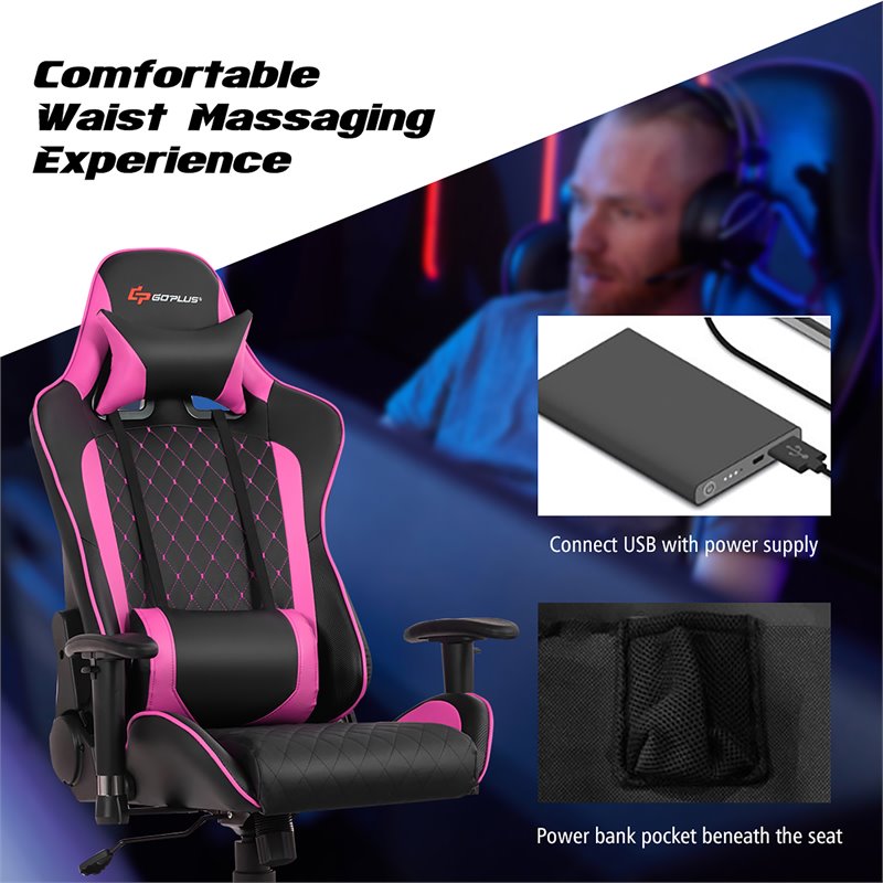 Costway Faux Leather Massage Gaming Chair with Lumbar Support & Headrest in Pink
