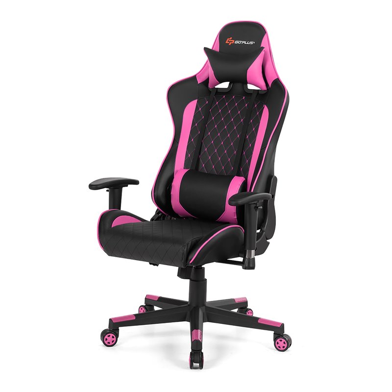 Costway Faux Leather Massage Gaming Chair with Lumbar Support & Headrest in Pink
