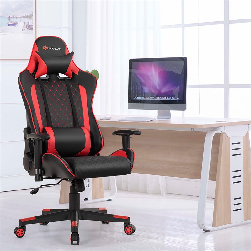 Costway Faux Leather Massage Gaming Chair with Lumbar Support & Headrest in Red