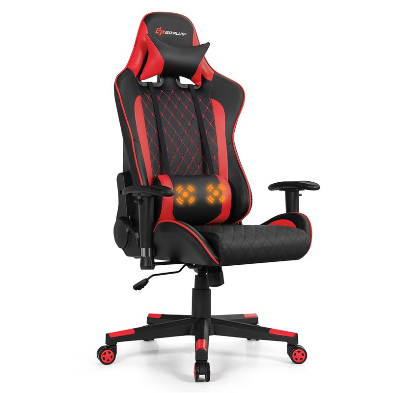 Costway Faux Leather Massage Gaming Chair with Lumbar Support & Headrest in Red
