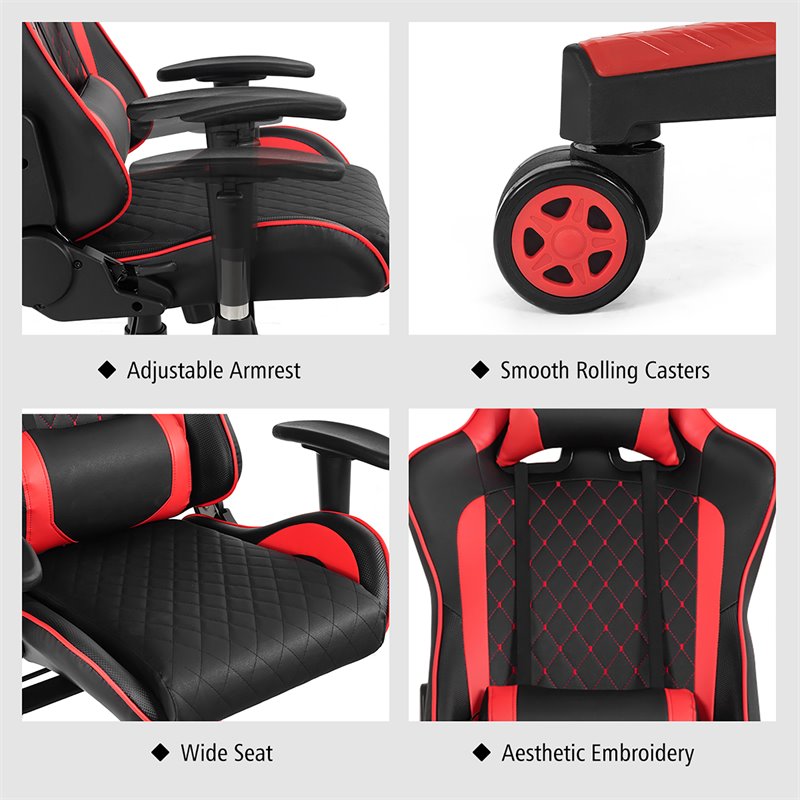 Costway Faux Leather Massage Gaming Chair with Lumbar Support & Headrest in Red