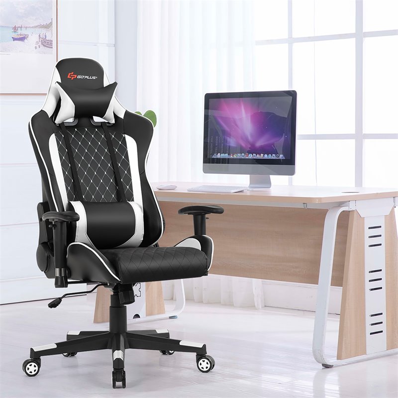 Costway Faux Leather Massage Gaming Chair w/ Lumbar Support & Headrest in White