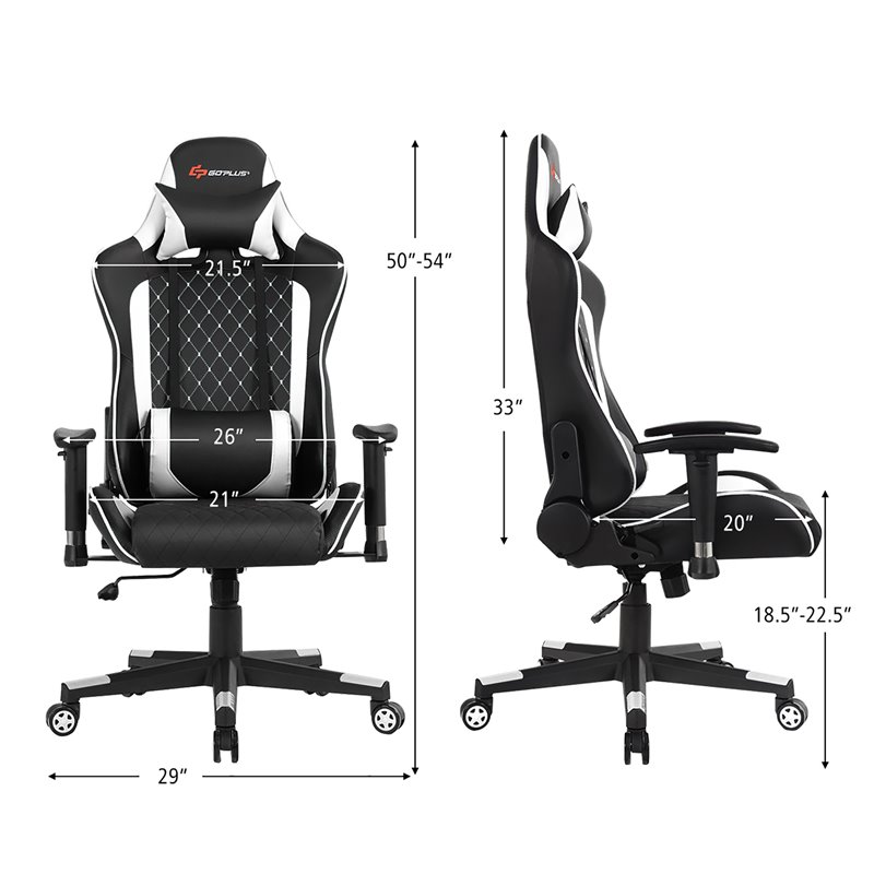 Costway Faux Leather Massage Gaming Chair w/ Lumbar Support & Headrest in White