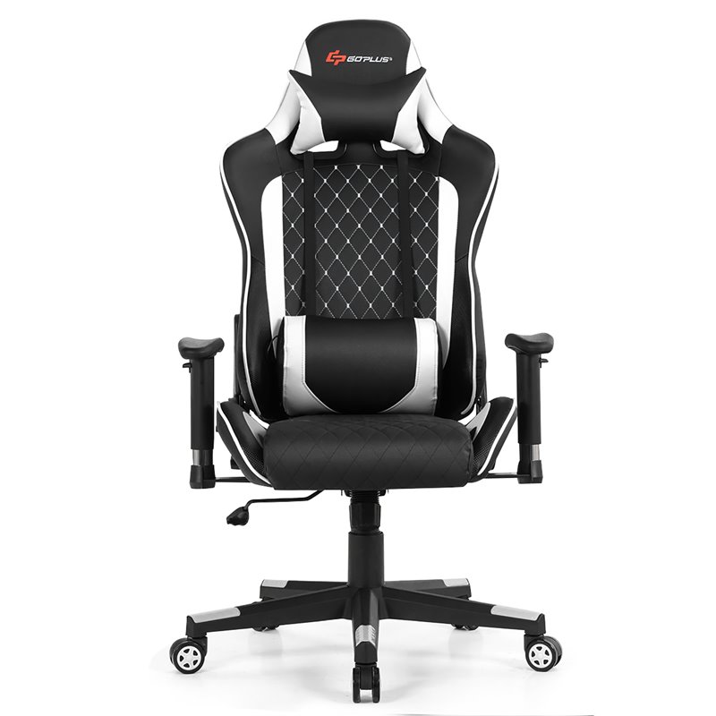 Costway Faux Leather Massage Gaming Chair w/ Lumbar Support & Headrest in White