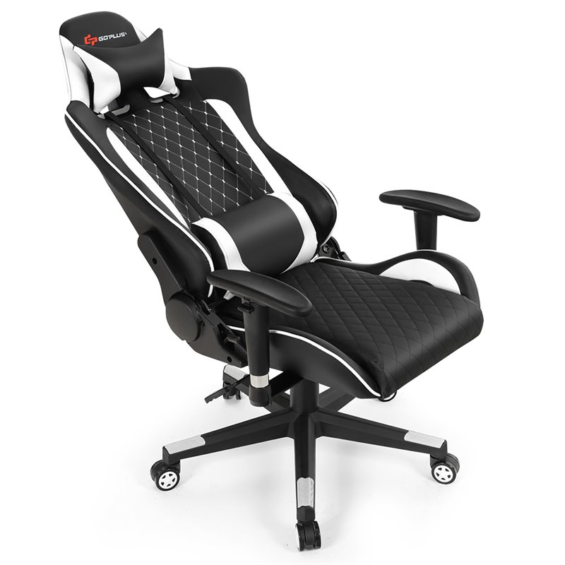 Costway Faux Leather Massage Gaming Chair w/ Lumbar Support & Headrest in White