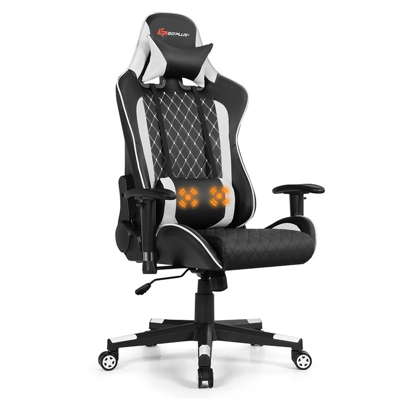 Costway Faux Leather Massage Gaming Chair w/ Lumbar Support & Headrest in White