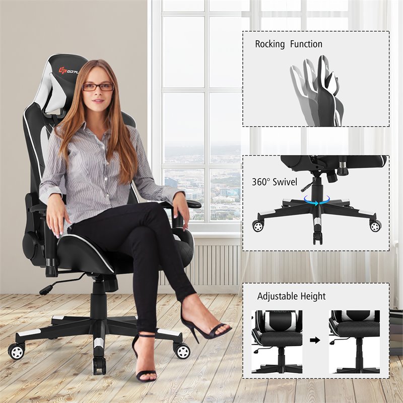 Costway Faux Leather Massage Gaming Chair w/ Lumbar Support & Headrest in White