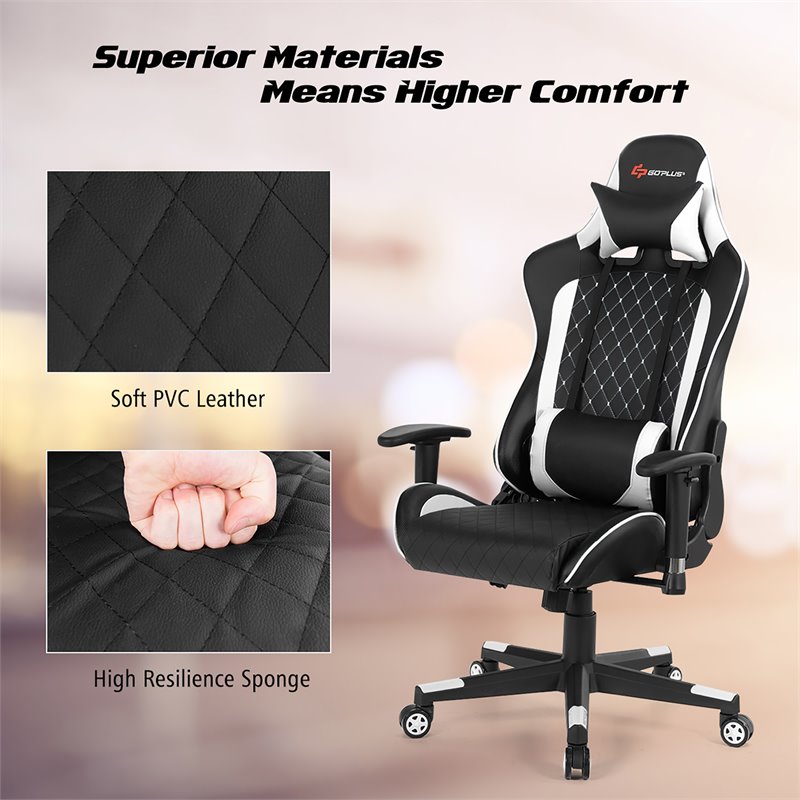 Costway Faux Leather Massage Gaming Chair w/ Lumbar Support & Headrest in White