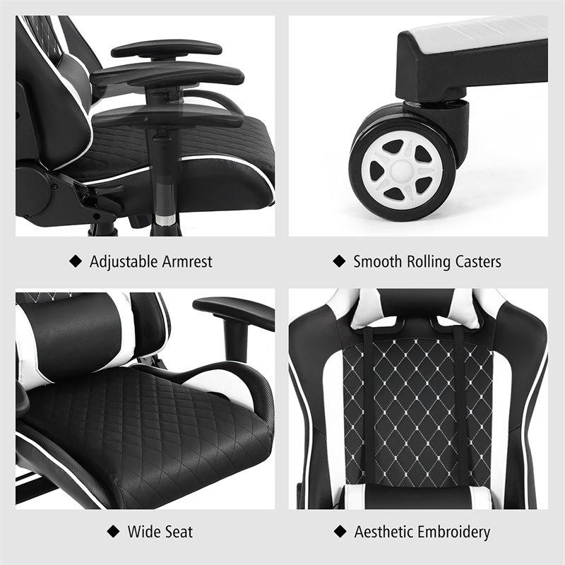 Costway Faux Leather Massage Gaming Chair w/ Lumbar Support & Headrest in White