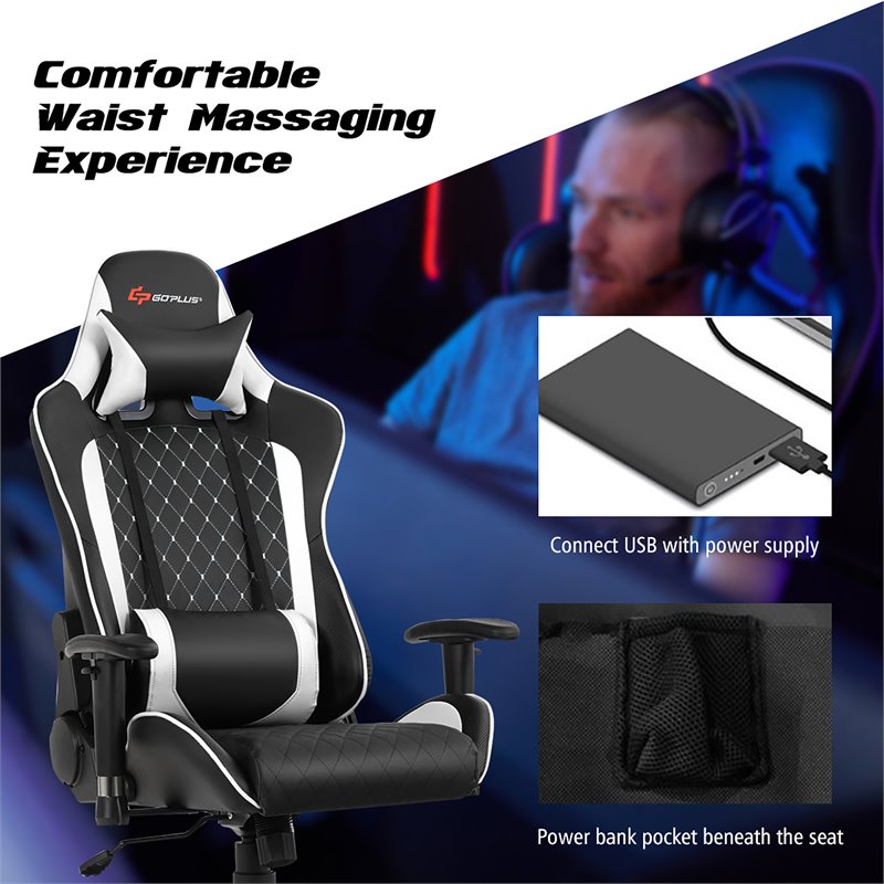 Costway Faux Leather Massage Gaming Chair w/ Lumbar Support & Headrest in White