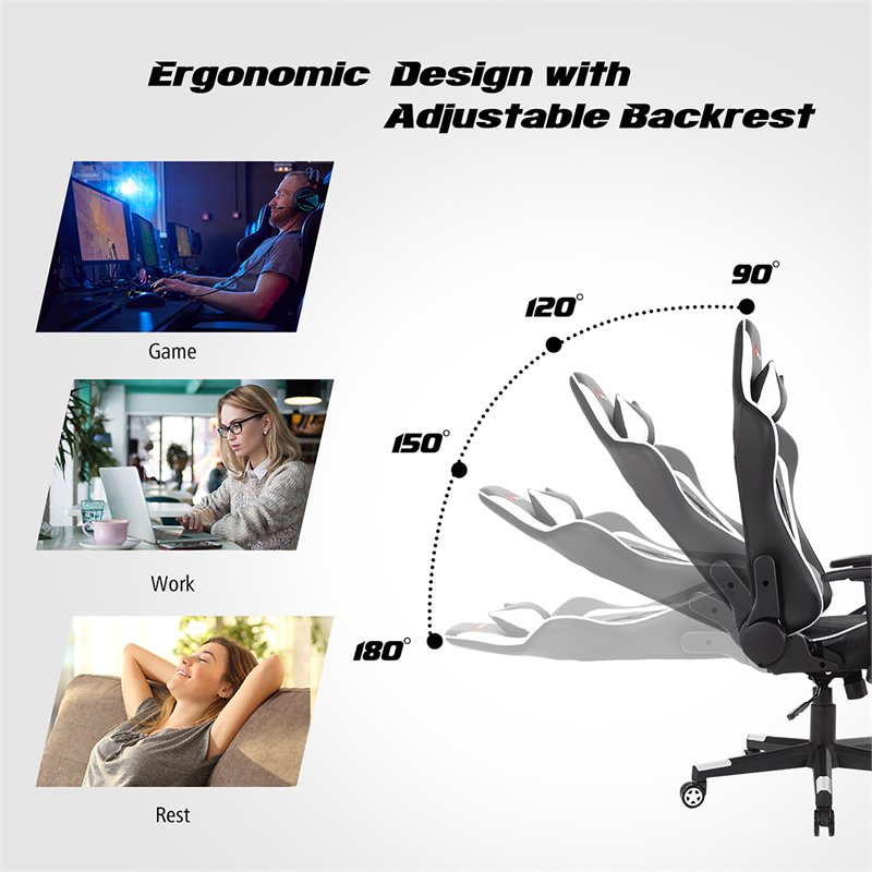 Costway Faux Leather Massage Gaming Chair w/ Lumbar Support & Headrest in White