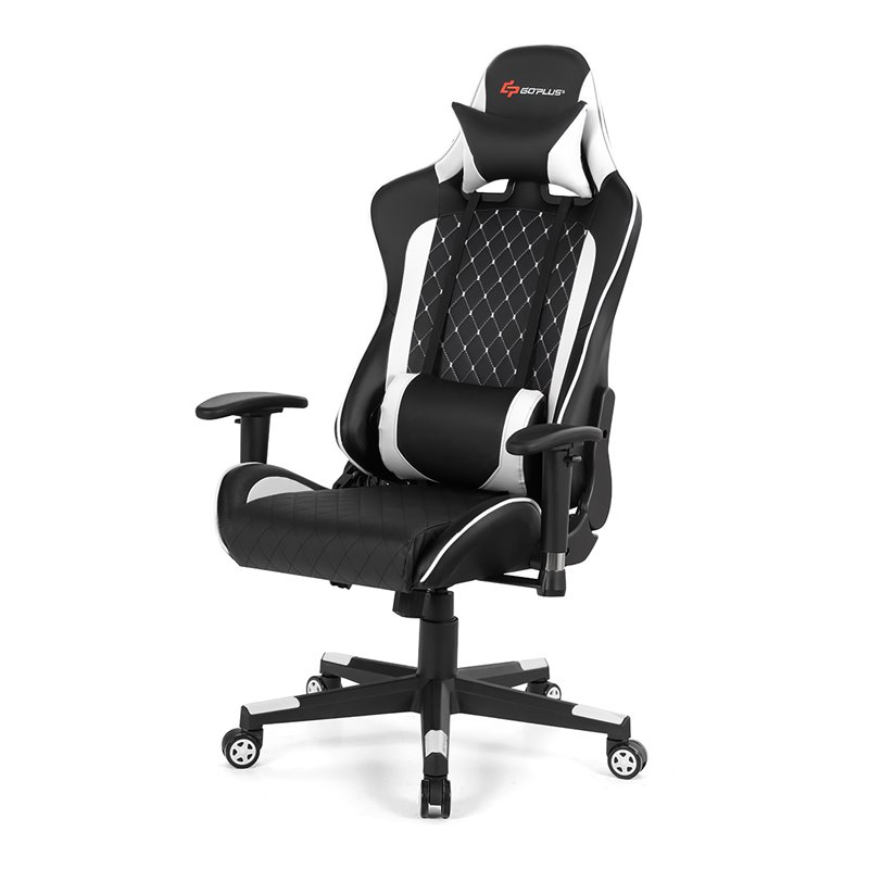 Costway Faux Leather Massage Gaming Chair w/ Lumbar Support & Headrest in White