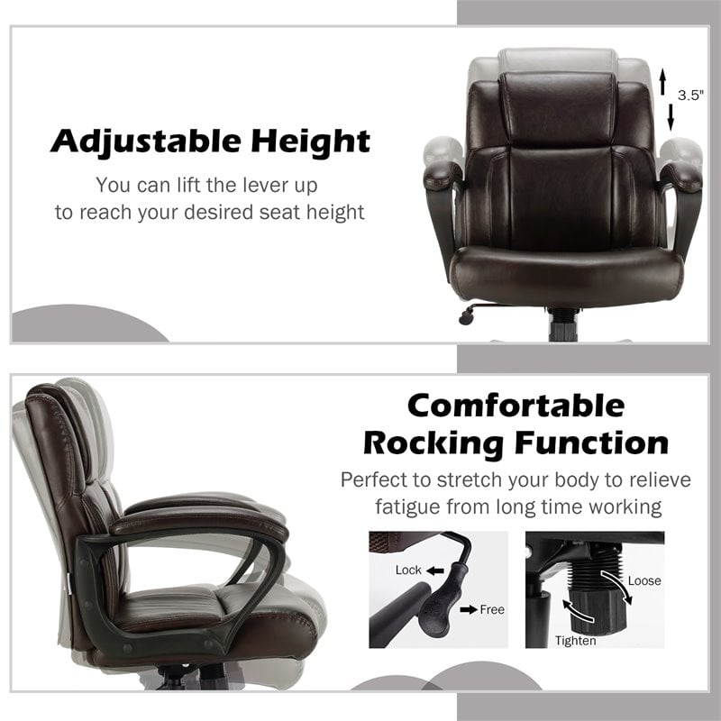 Costway Faux Leather Adjustable Executive Office Chair with Armrest in Brown