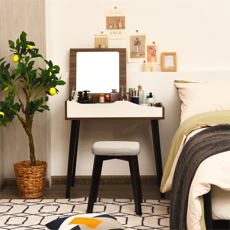 Costway Vanity Set with Table & Dressing Makeup Study Padded Stool in Brown