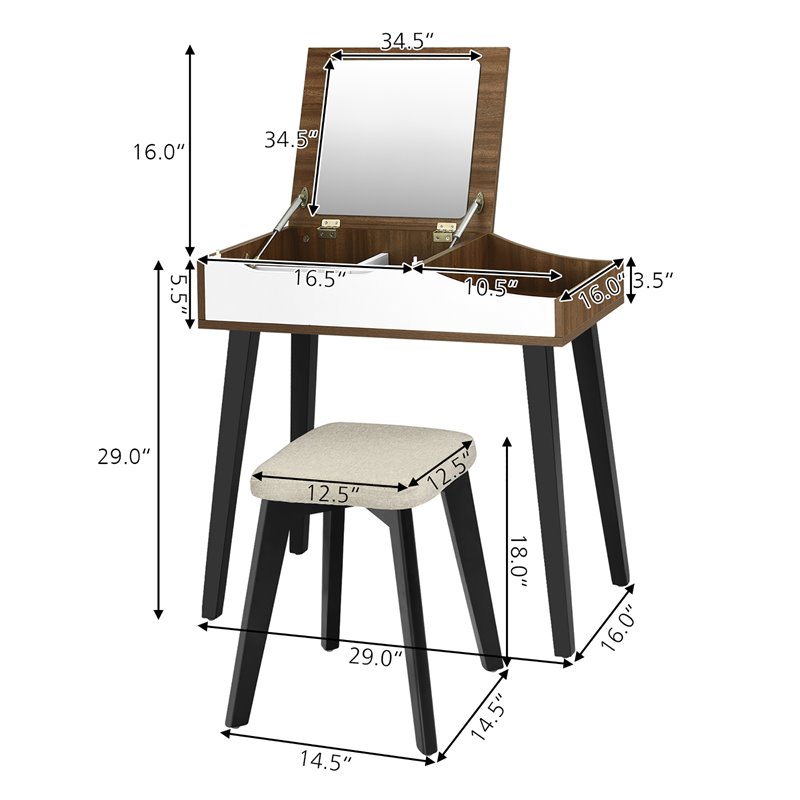 Costway Vanity Set with Table & Dressing Makeup Study Padded Stool in Brown