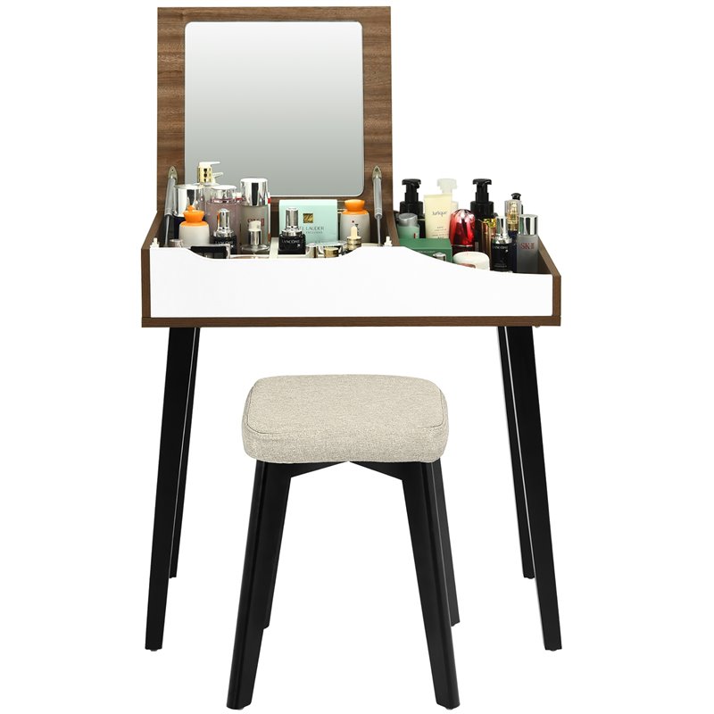 Costway Vanity Set with Table & Dressing Makeup Study Padded Stool in Brown