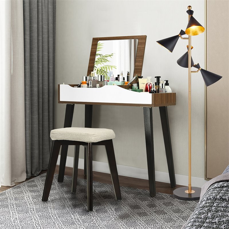 Costway Vanity Set with Table & Dressing Makeup Study Padded Stool in Brown