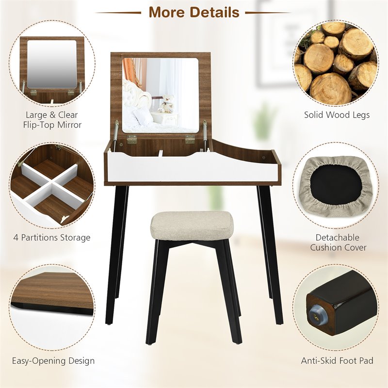 Costway Vanity Set with Table & Dressing Makeup Study Padded Stool in Brown