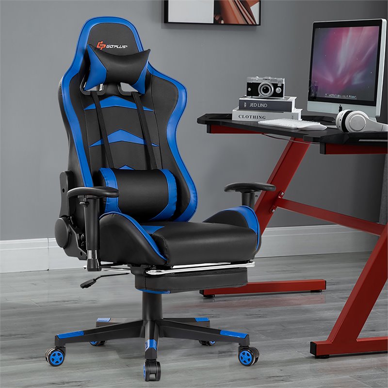 Costway Faux Leather Swivel Massage Gaming Chair with Footrest in Blue